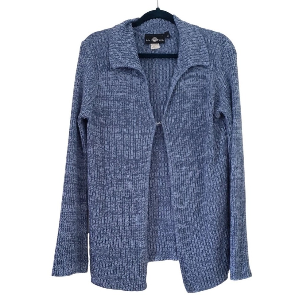 Vintage Y2K Cardigan Sweater Womens Medium Blue Ribbed Knit Hook Eye Grunge Boho